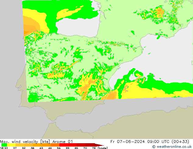 Max. wind velocity Arome 01 Pá 07.06.2024 09 UTC