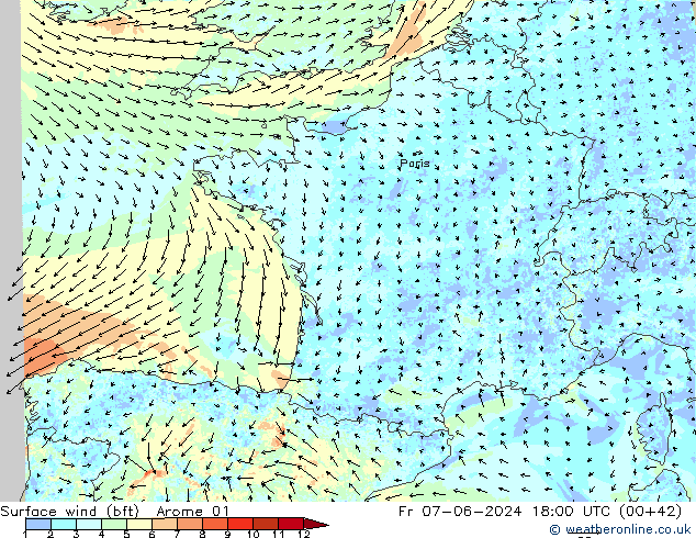 Surface wind (bft) Arome 01 Pá 07.06.2024 18 UTC