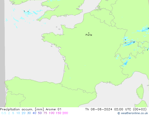 Totale neerslag Arome 01 do 06.06.2024 02 UTC