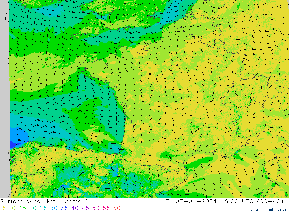 Bodenwind Arome 01 Fr 07.06.2024 18 UTC