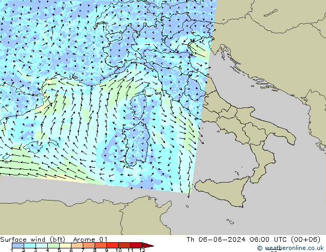 Vent 10 m (bft) Arome 01 jeu 06.06.2024 06 UTC