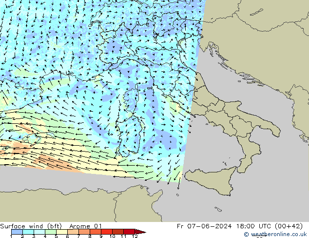 Surface wind (bft) Arome 01 Fr 07.06.2024 18 UTC