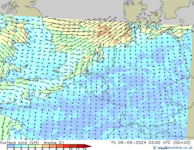 Bodenwind (bft) Arome 01 Do 06.06.2024 03 UTC