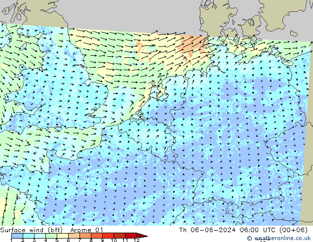 Vento 10 m (bft) Arome 01 Qui 06.06.2024 06 UTC