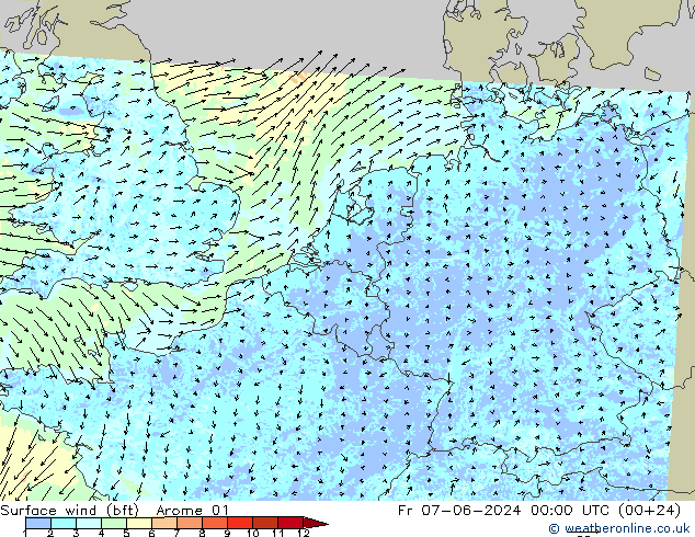 Bodenwind (bft) Arome 01 Fr 07.06.2024 00 UTC