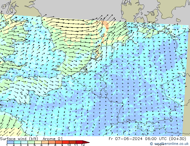 Rüzgar 10 m (bft) Arome 01 Cu 07.06.2024 06 UTC