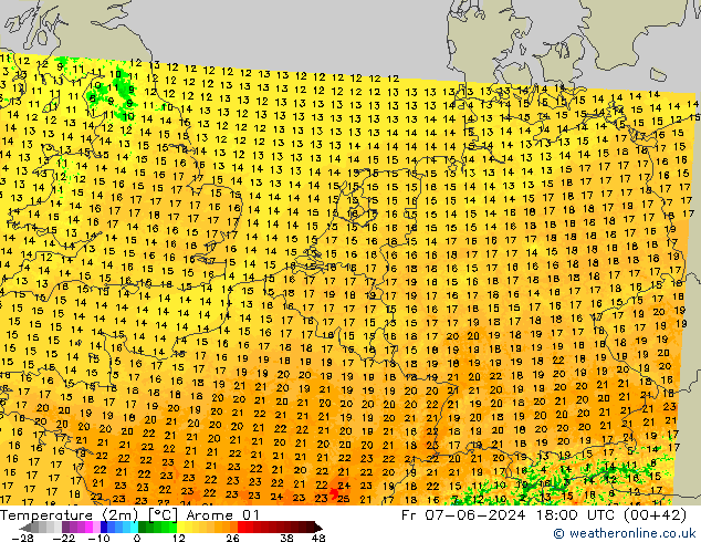 Temperature (2m) Arome 01 Fr 07.06.2024 18 UTC