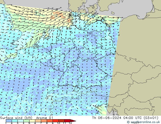 Wind 10 m (bft) Arome 01 do 06.06.2024 04 UTC
