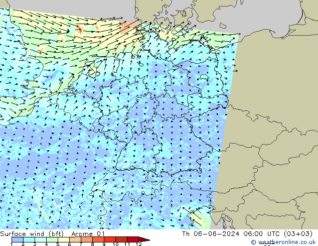 Wind 10 m (bft) Arome 01 do 06.06.2024 06 UTC