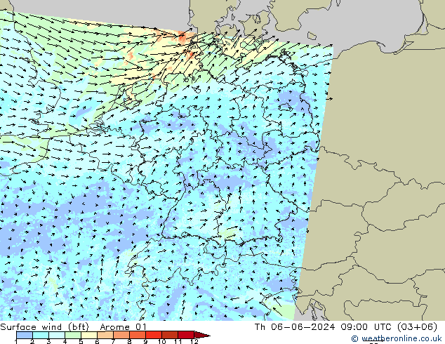 Vento 10 m (bft) Arome 01 Qui 06.06.2024 09 UTC