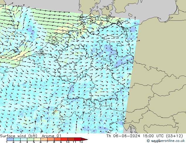 Wind 10 m (bft) Arome 01 do 06.06.2024 15 UTC