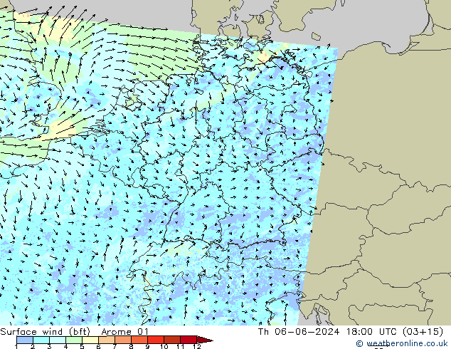 Surface wind (bft) Arome 01 Th 06.06.2024 18 UTC