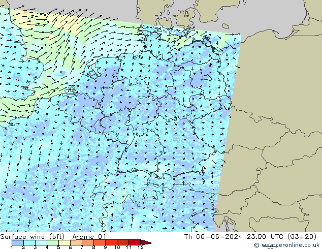 Surface wind (bft) Arome 01 Th 06.06.2024 23 UTC