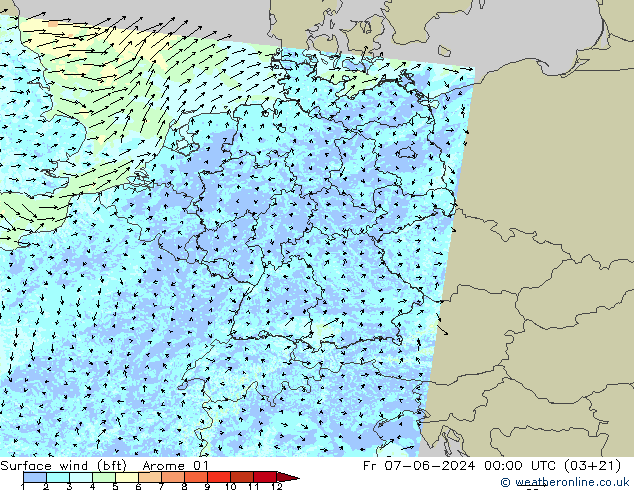 Bodenwind (bft) Arome 01 Fr 07.06.2024 00 UTC