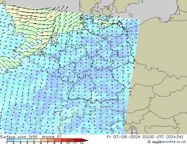 Wind 10 m (bft) Arome 01 vr 07.06.2024 03 UTC