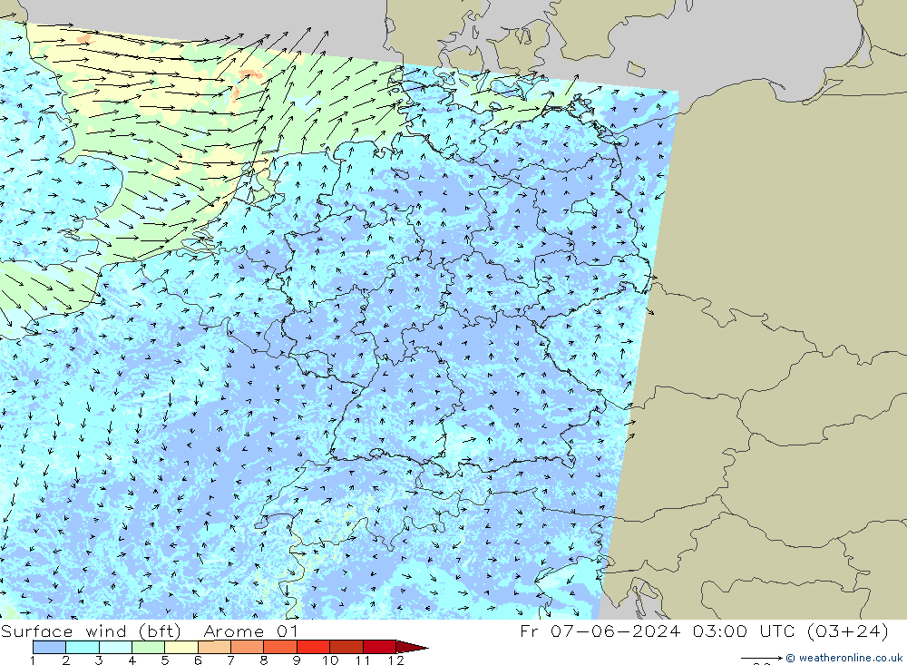 Vent 10 m (bft) Arome 01 ven 07.06.2024 03 UTC