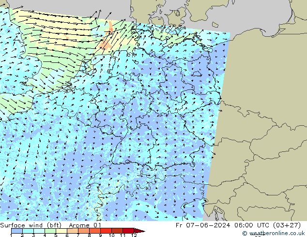 Bodenwind (bft) Arome 01 Fr 07.06.2024 06 UTC