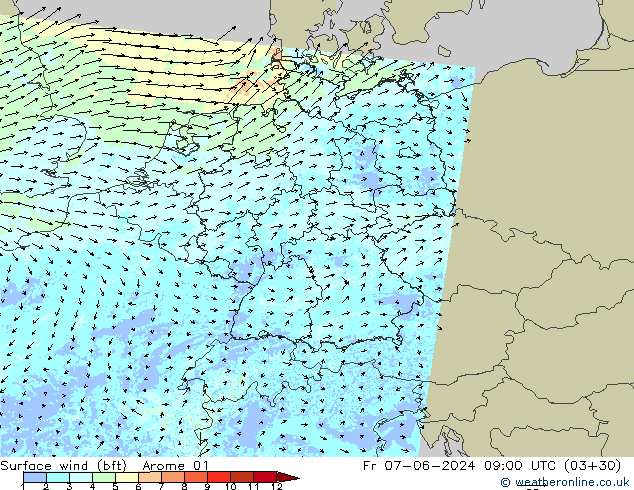 Surface wind (bft) Arome 01 Fr 07.06.2024 09 UTC