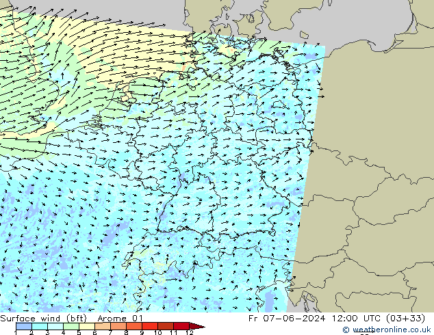 Viento 10 m (bft) Arome 01 vie 07.06.2024 12 UTC