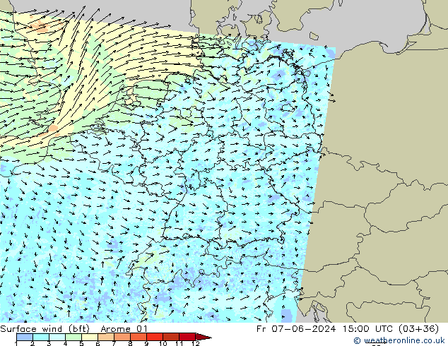 Vento 10 m (bft) Arome 01 Sex 07.06.2024 15 UTC