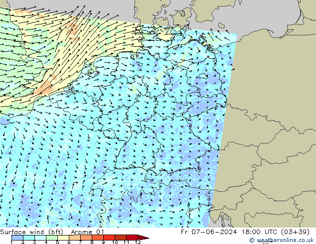 Vento 10 m (bft) Arome 01 Sex 07.06.2024 18 UTC