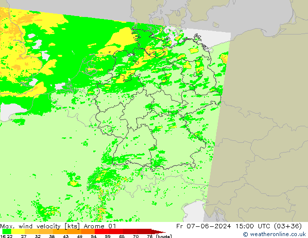 Max. wind velocity Arome 01 ven 07.06.2024 15 UTC