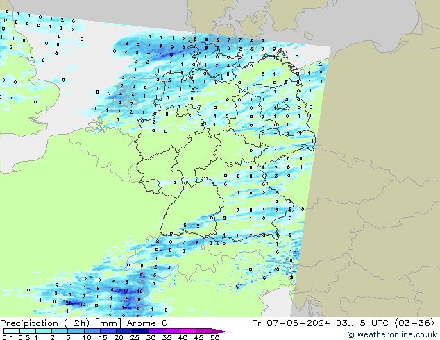 Precipitation (12h) Arome 01 Pá 07.06.2024 15 UTC