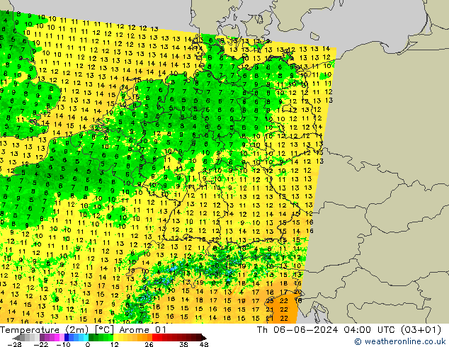 mapa temperatury (2m) Arome 01 czw. 06.06.2024 04 UTC