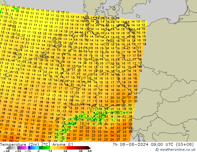 Temperatuurkaart (2m) Arome 01 do 06.06.2024 09 UTC