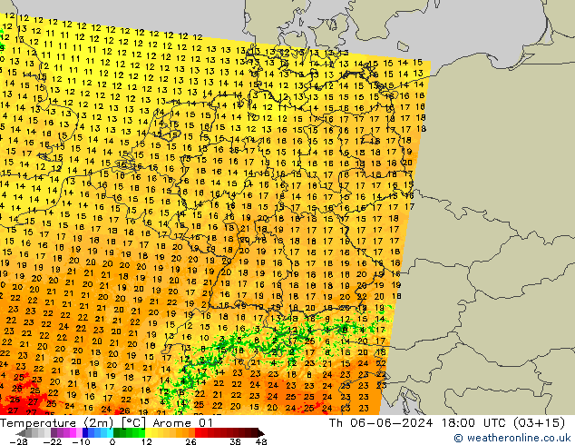 Temperatura (2m) Arome 01 Qui 06.06.2024 18 UTC