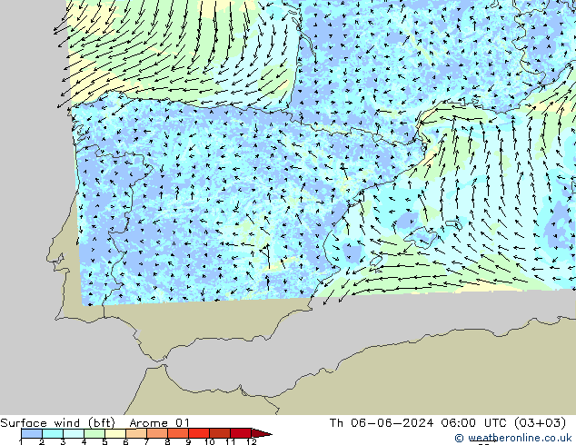 Vento 10 m (bft) Arome 01 gio 06.06.2024 06 UTC