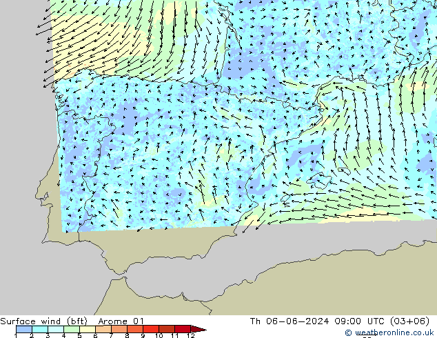 Wind 10 m (bft) Arome 01 do 06.06.2024 09 UTC