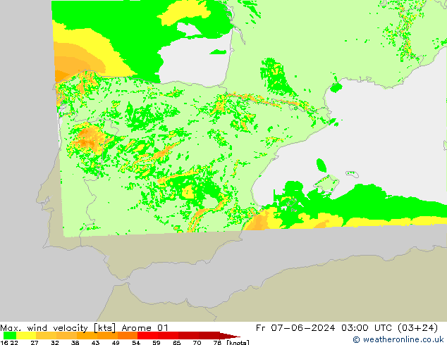 Max. wind velocity Arome 01 ven 07.06.2024 03 UTC