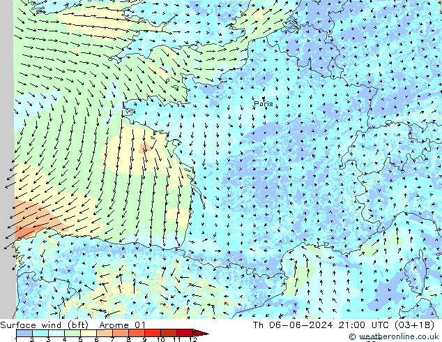 Wind 10 m (bft) Arome 01 do 06.06.2024 21 UTC