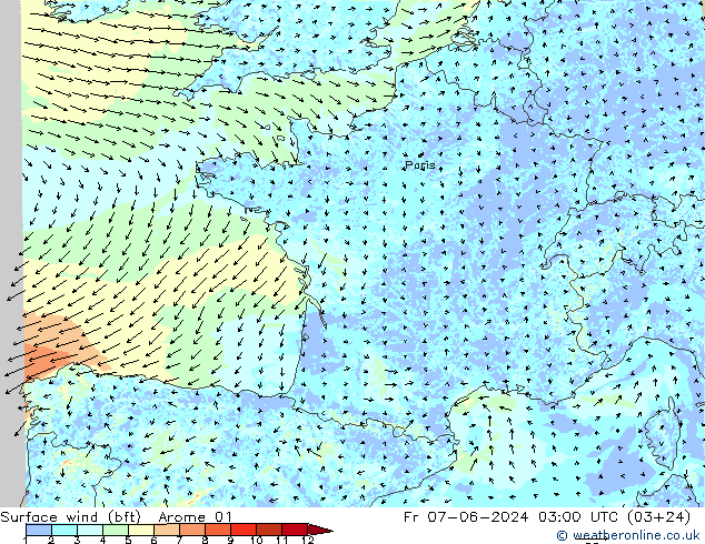 Surface wind (bft) Arome 01 Fr 07.06.2024 03 UTC