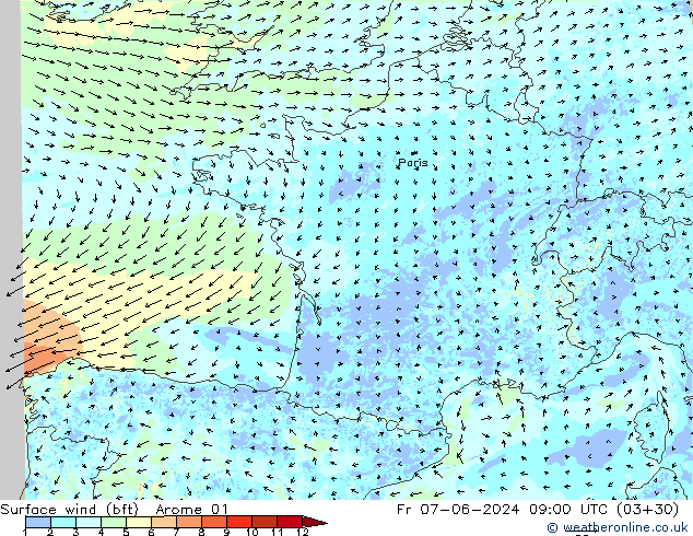 wiatr 10 m (bft) Arome 01 pt. 07.06.2024 09 UTC