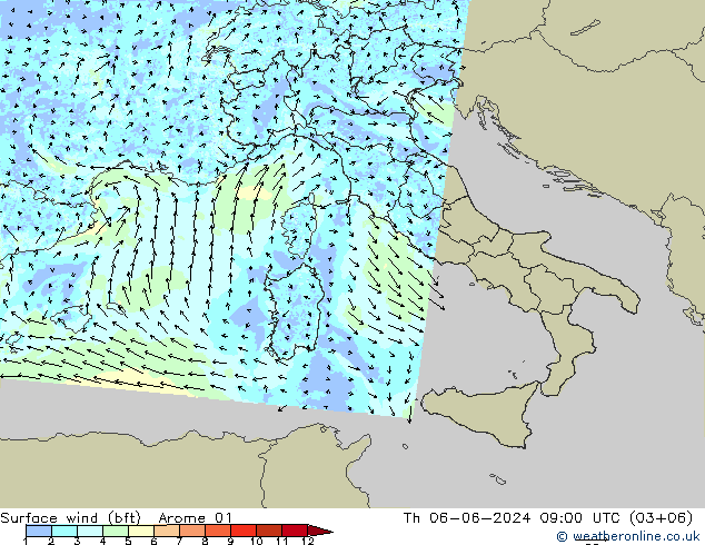 Surface wind (bft) Arome 01 Th 06.06.2024 09 UTC