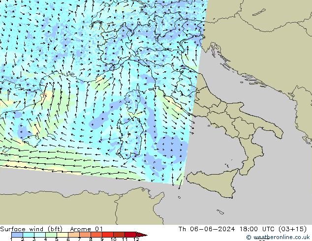 Rüzgar 10 m (bft) Arome 01 Per 06.06.2024 18 UTC