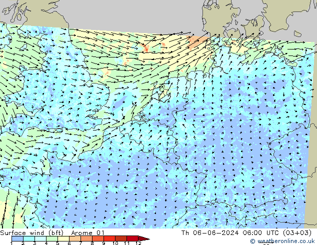 Surface wind (bft) Arome 01 Th 06.06.2024 06 UTC