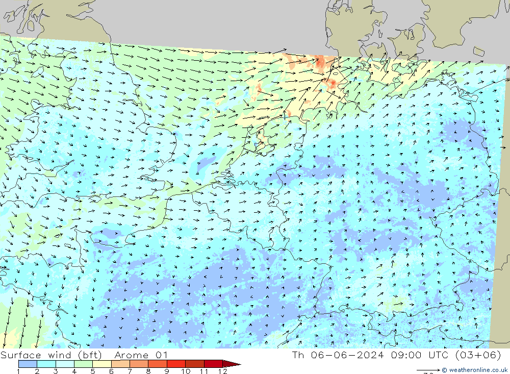 Surface wind (bft) Arome 01 Th 06.06.2024 09 UTC