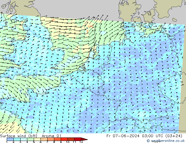 Surface wind (bft) Arome 01 Pá 07.06.2024 03 UTC