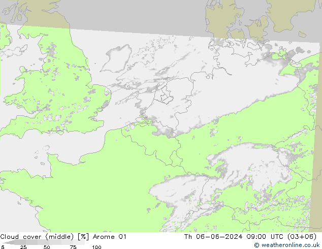 Cloud cover (middle) Arome 01 Th 06.06.2024 09 UTC