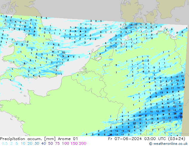 Totale neerslag Arome 01 vr 07.06.2024 03 UTC