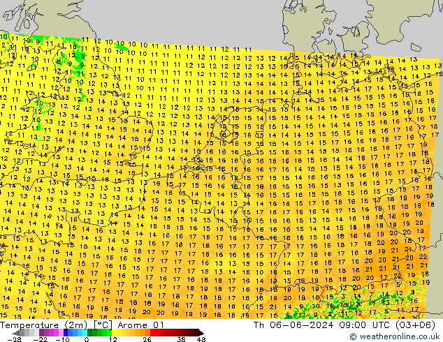 Temperaturkarte (2m) Arome 01 Do 06.06.2024 09 UTC