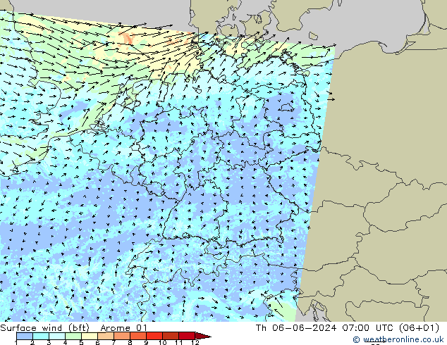 Rüzgar 10 m (bft) Arome 01 Per 06.06.2024 07 UTC