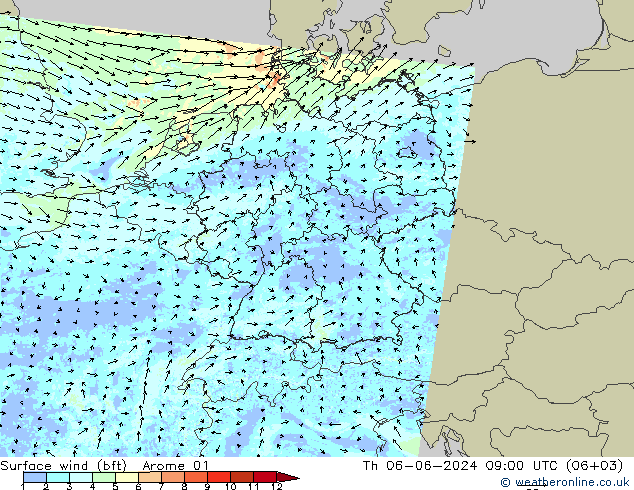 Surface wind (bft) Arome 01 Čt 06.06.2024 09 UTC