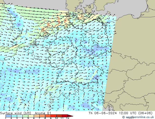 Surface wind (bft) Arome 01 Čt 06.06.2024 12 UTC