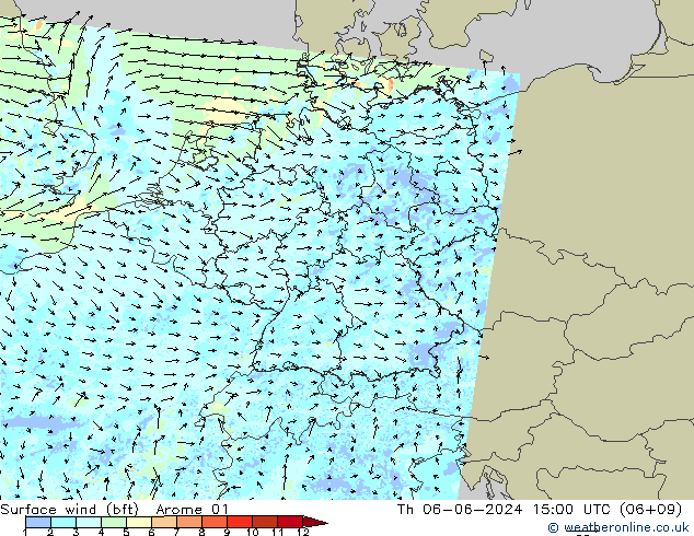 Viento 10 m (bft) Arome 01 jue 06.06.2024 15 UTC