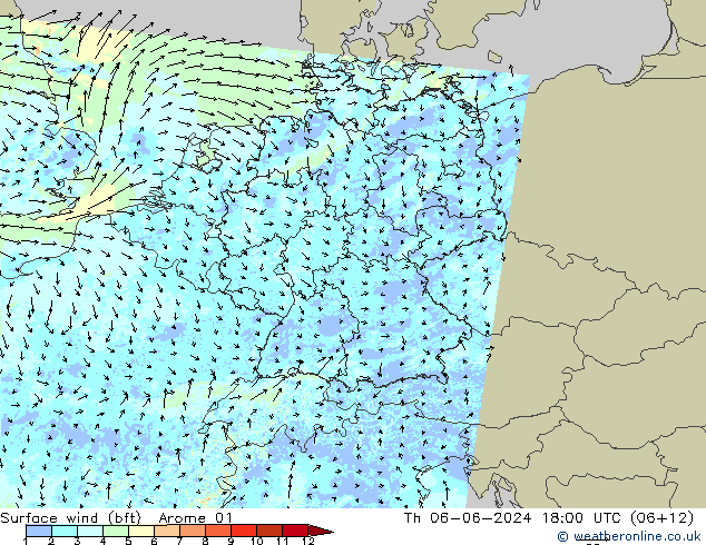 Vento 10 m (bft) Arome 01 gio 06.06.2024 18 UTC