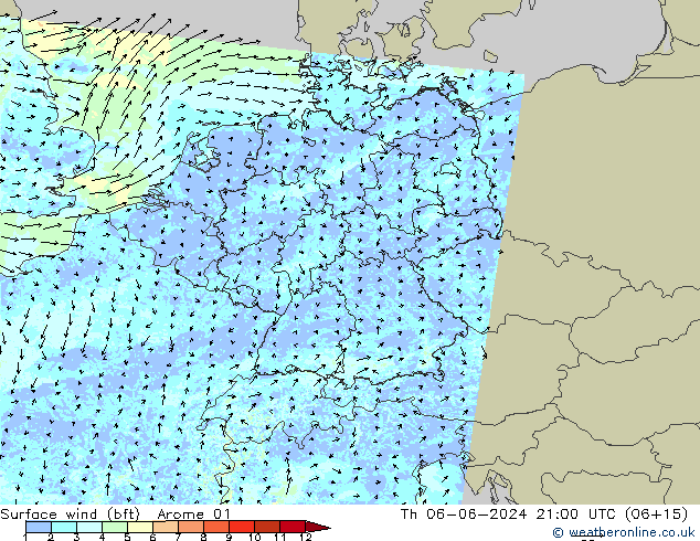 Wind 10 m (bft) Arome 01 do 06.06.2024 21 UTC